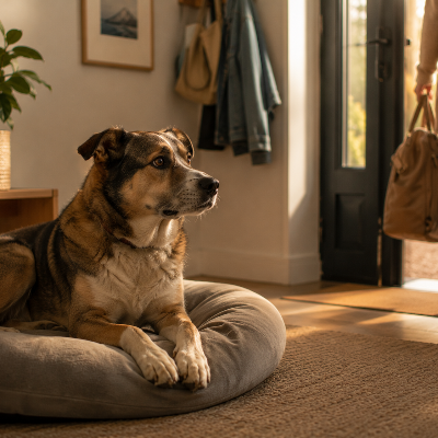rescue dog resting indoors while owner prepares to leave, calm but attentive posture