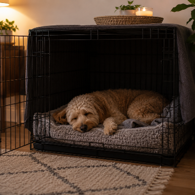 dog resting calmly inside crate in home environment with soft lighting and relaxed posture