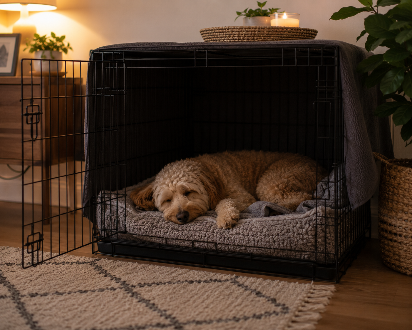 dog resting calmly inside crate in home environment with soft lighting and relaxed posture