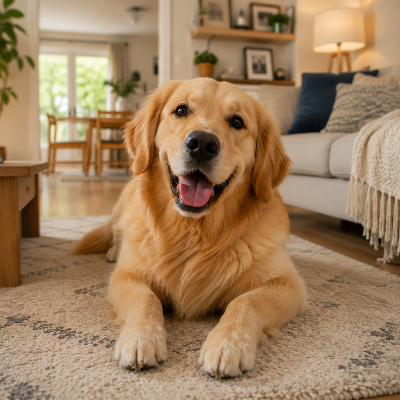 dog inside crate looking alert while owner prepares to leave, indoor home environment