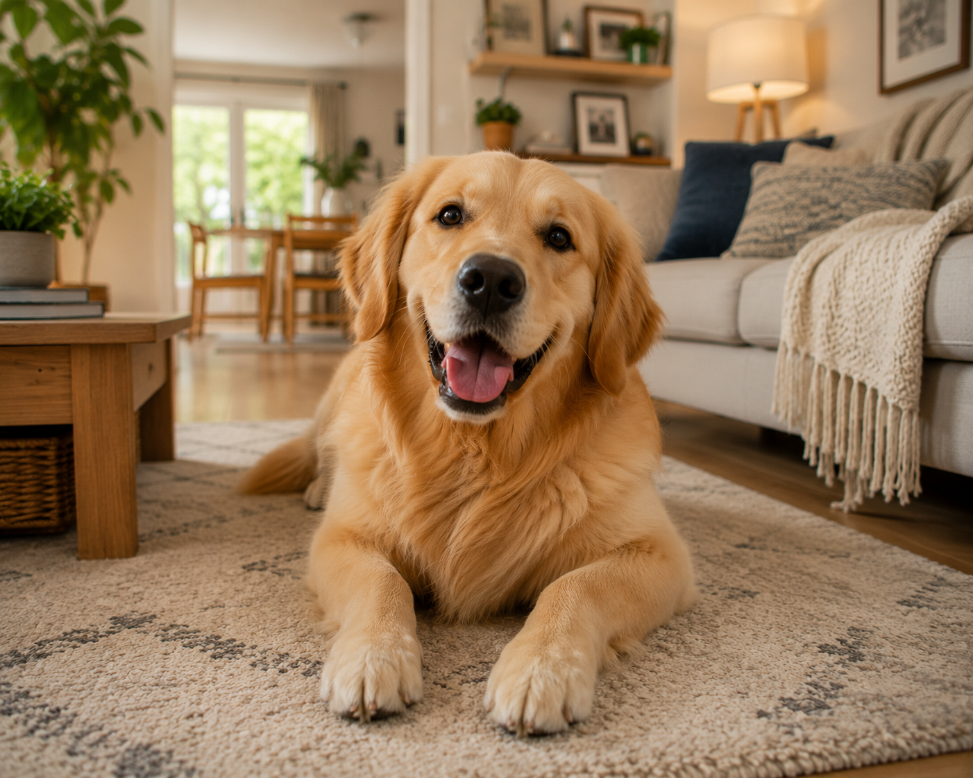 dog inside crate looking alert while owner prepares to leave, indoor home environment