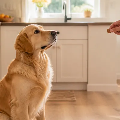 Golden Retriever sitting calmly in a bright kitchen waiting for a treat cue