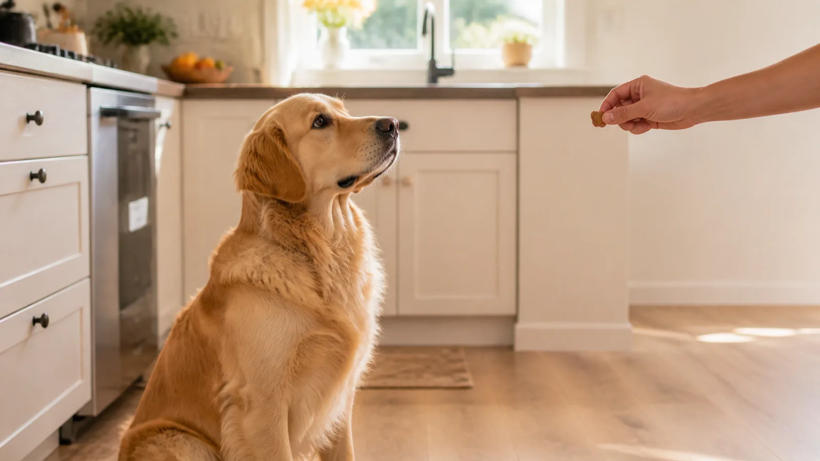 Golden Retriever sitting calmly in a bright kitchen waiting for a treat cue