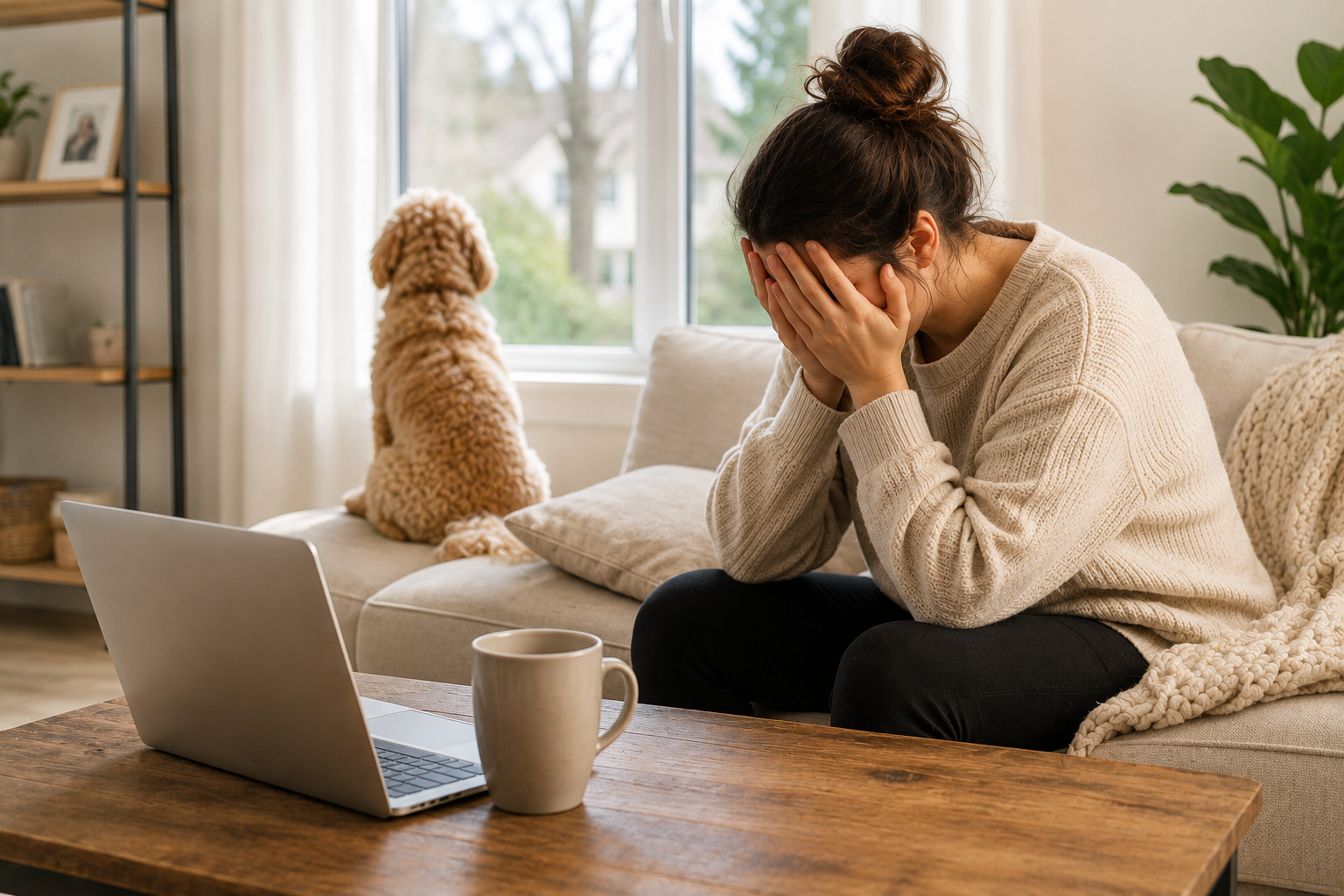 Dog owner sitting with a small dog at home while reflecting on the challenges of separation anxiety.