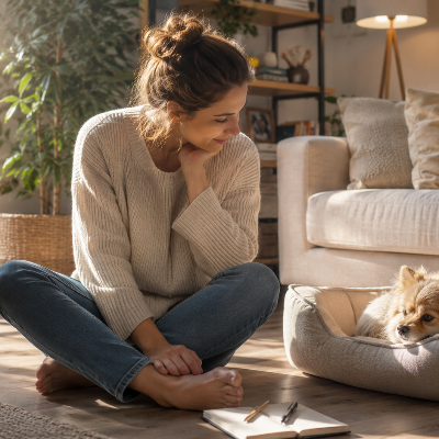 Dog owner observing their dog calmly resting at home during separation anxiety training.