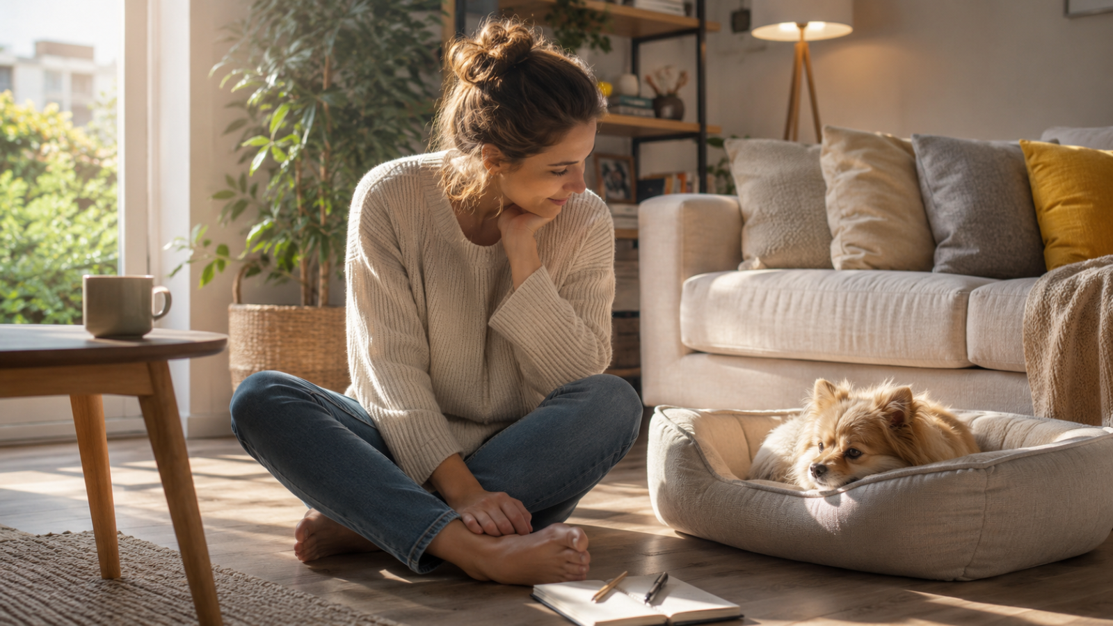 Dog owner observing their dog calmly resting at home during separation anxiety training.