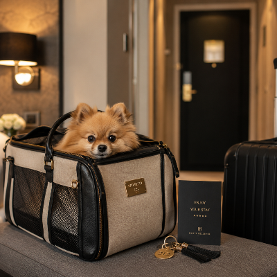 small dog resting beside owner in a modern hotel room, travel bag in background, calm atmosphere