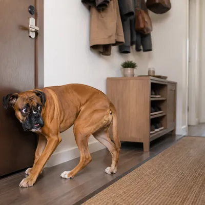 Boxer pacing by the closed front door of a modern apartment entryway