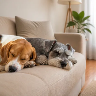 Beagle and schnauzer asleep side by side on a cozy apartment living room couch
