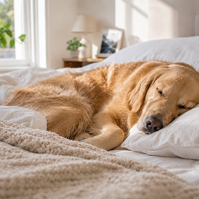 rescue dog resting in new home environment while owner prepares to leave, calm indoor setting
