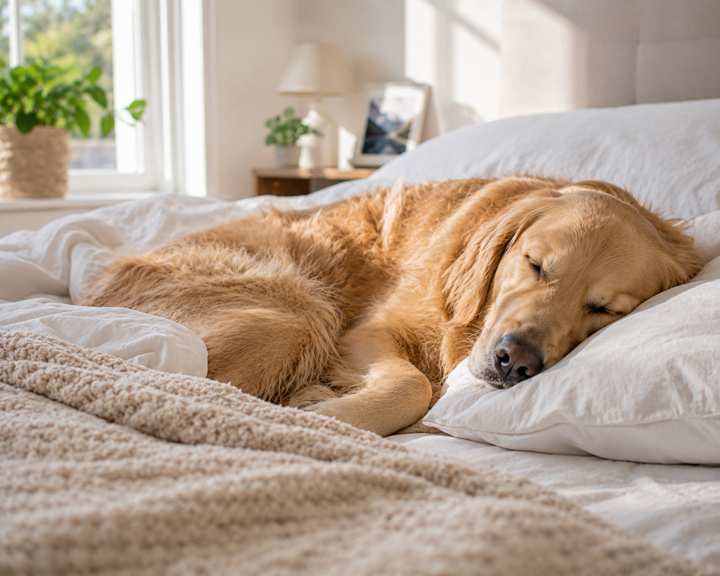 rescue dog resting in new home environment while owner prepares to leave, calm indoor setting