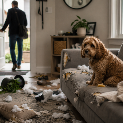 Dog stressed while the owner is out of the apartment