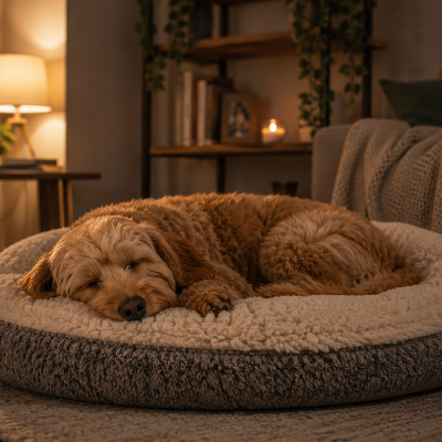 dog resting indoors with soft background noise playing, calm home environment after fireworks