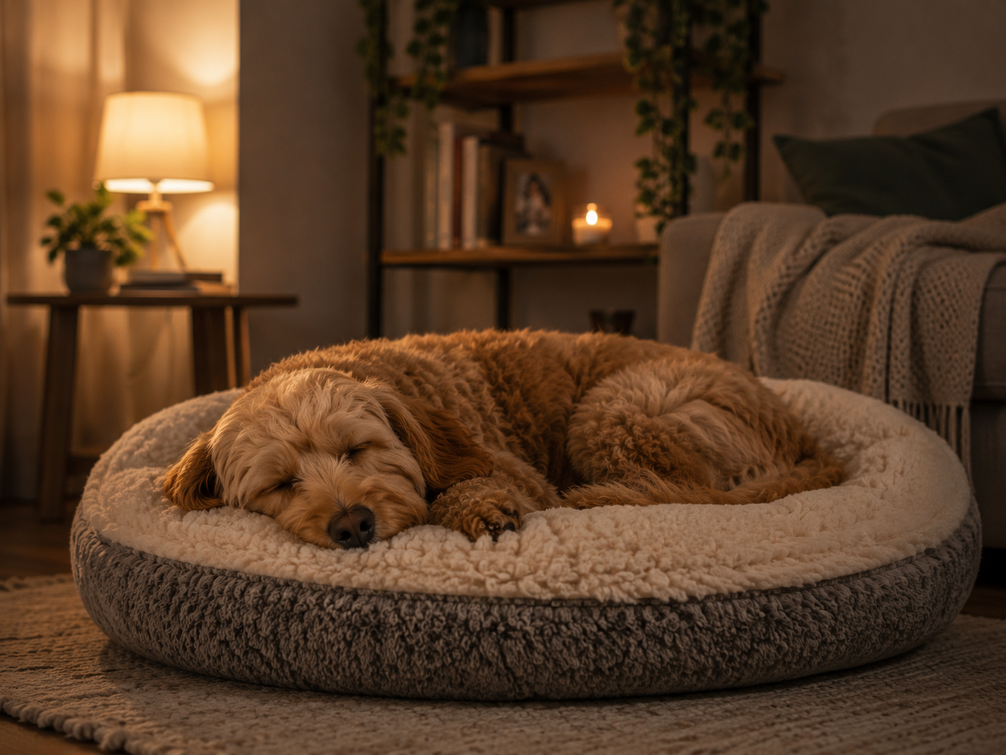 dog resting indoors with soft background noise playing, calm home environment after fireworks