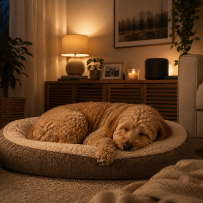 dog resting calmly at home with soft background sound playing, relaxed indoor environment