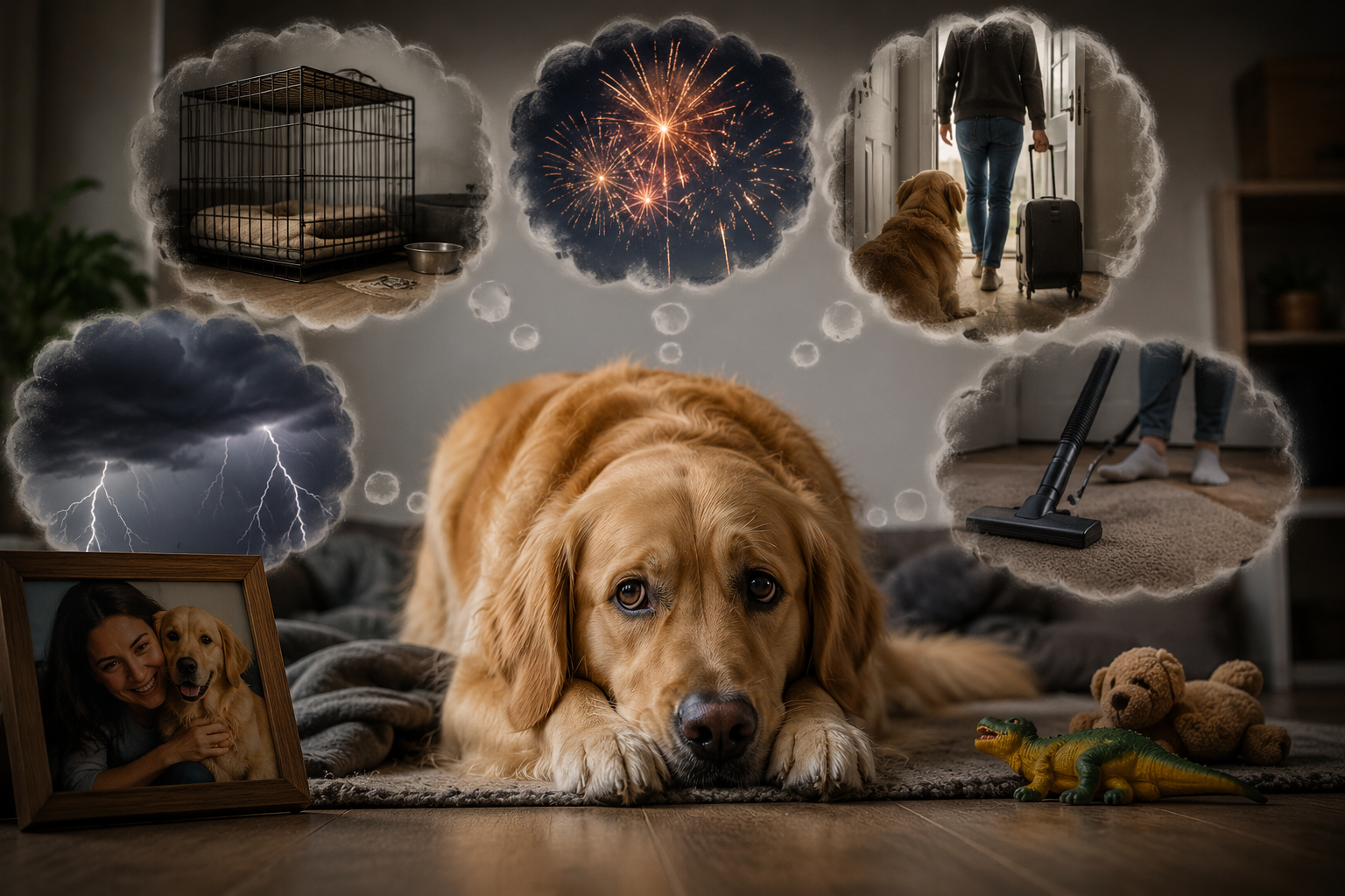 Dogs of different ages illustrating the various causes and stages of separation anxiety in dogs.
