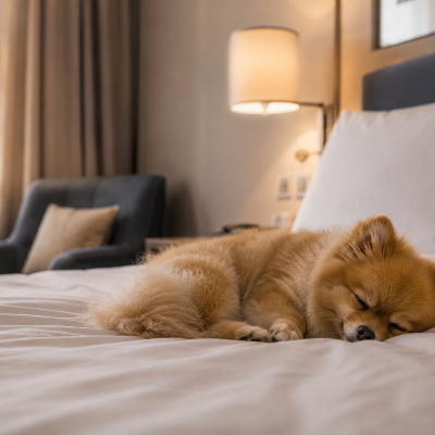 dog resting calmly on bed in a structured home environment, soft natural light