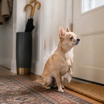 Chihuahua sitting near a closed apartment front door, alert and watching