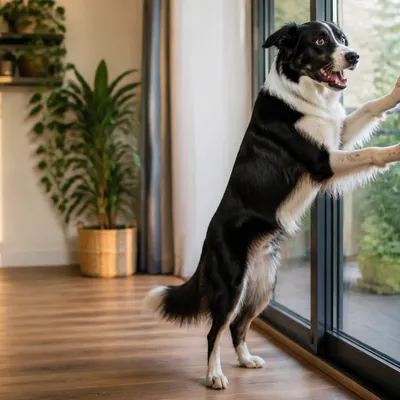 Border Collie pawing at a closed glass door inside an apartment living room