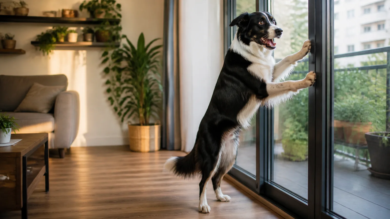 Border Collie pawing at a closed glass door inside an apartment living room