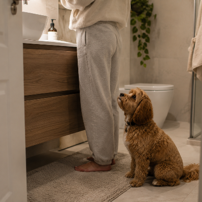 dog following owner from room to room at home, calm indoor environment, natural light