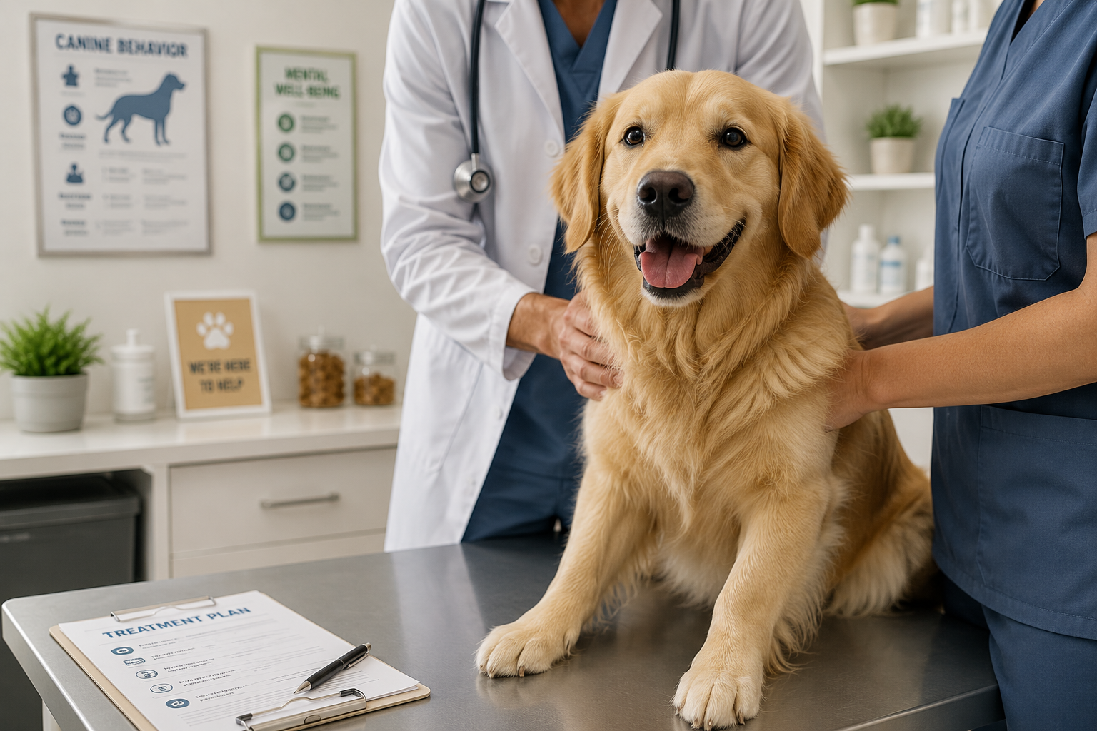 Veterinarian examining a dog while discussing separation anxiety treatment with the owner.